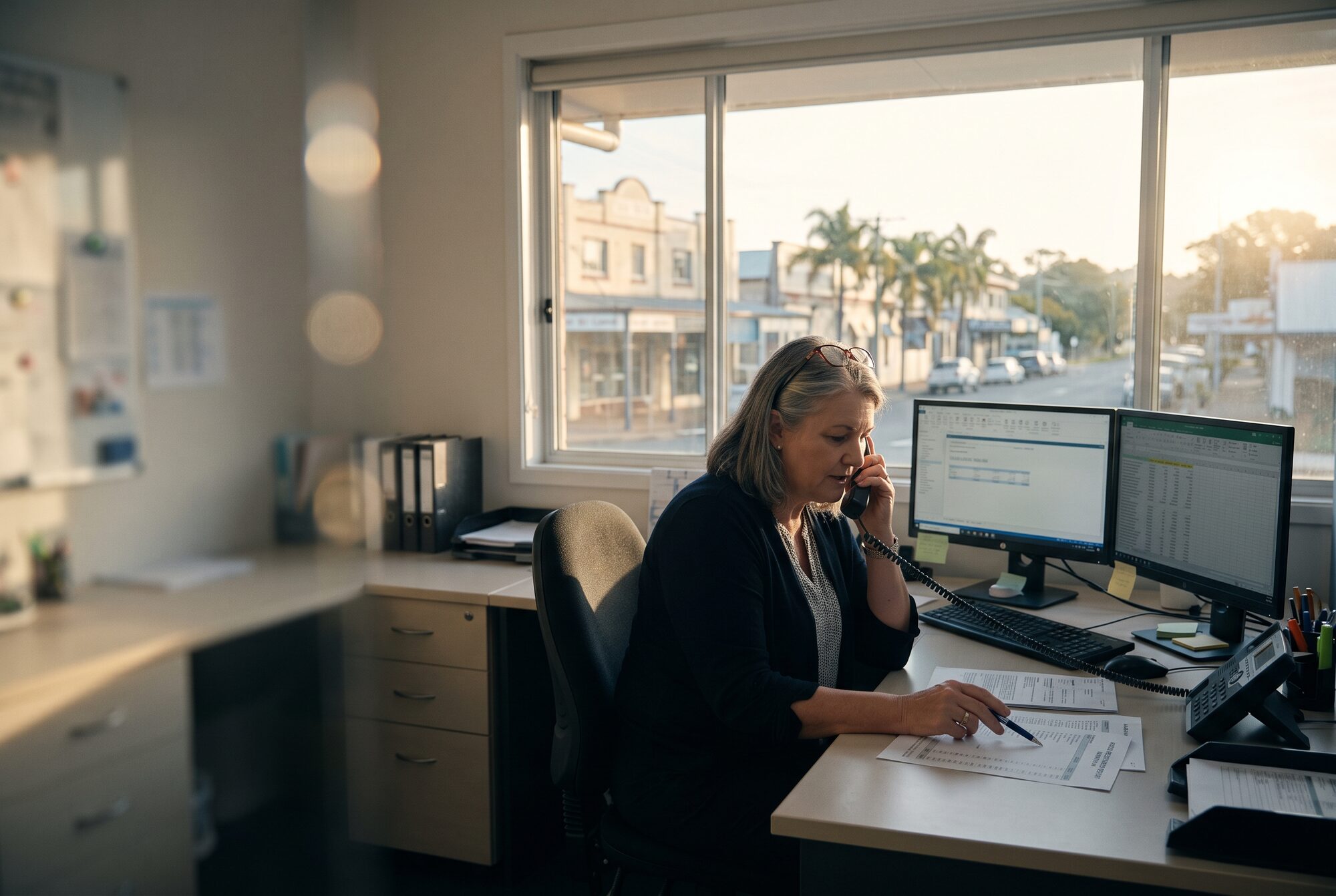 An accountant at her desk in a regional practice, on the phone with an aged receivables report in front of her