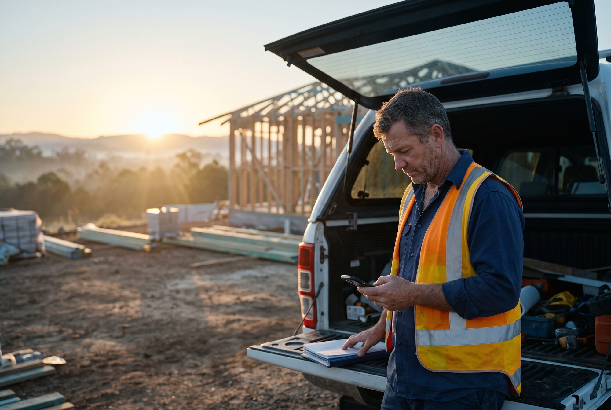 A builder at the tailgate of his ute on a house site at sunrise, reading his phone