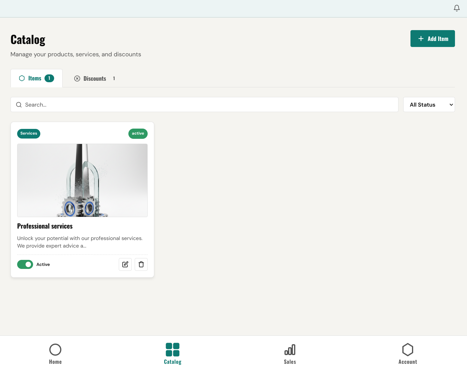 FUNDiMO business portal Catalog screen for managing products, services, and discounts