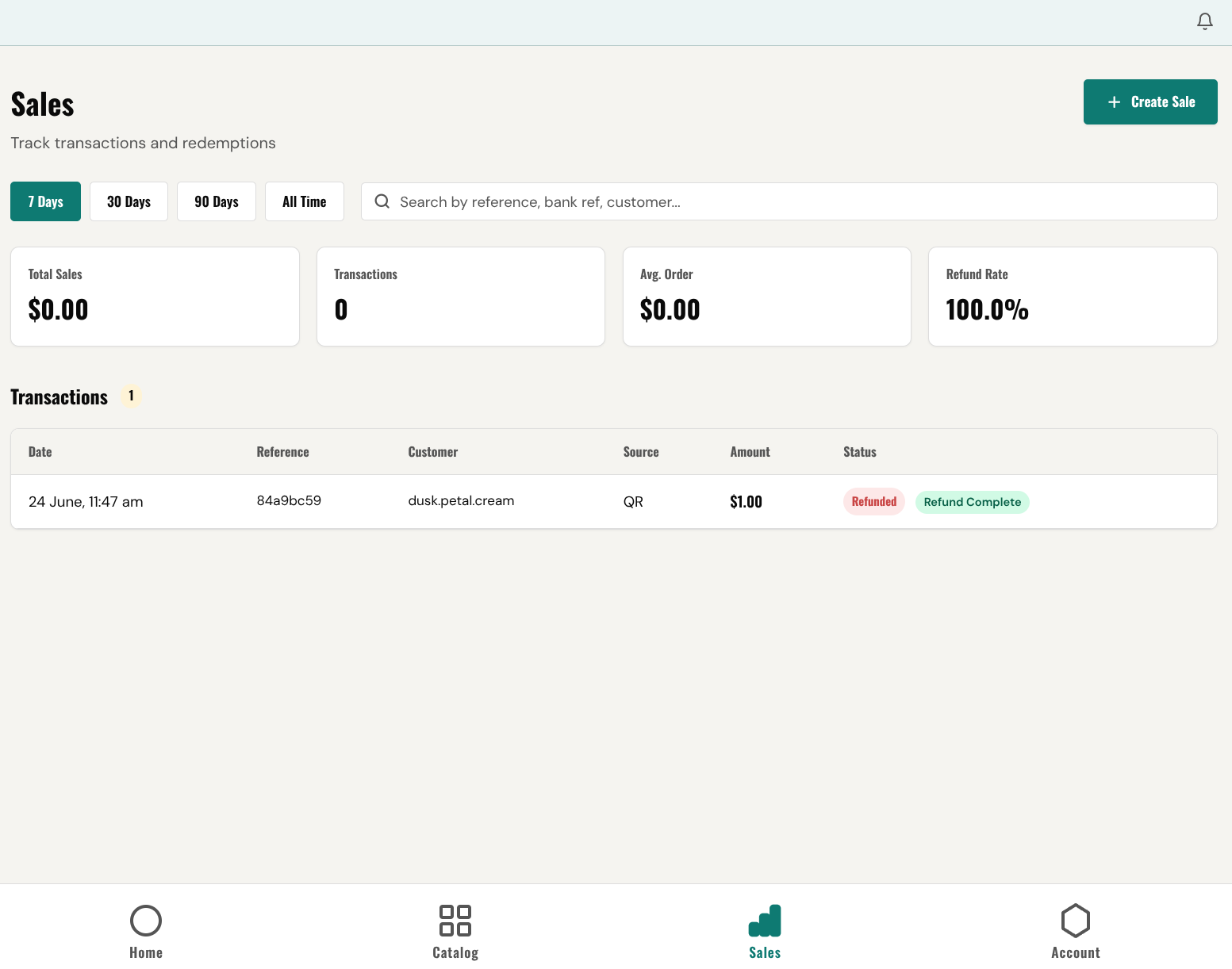 FUNDiMO business portal Sales screen showing tracked transactions with reference, customer, source and refund status