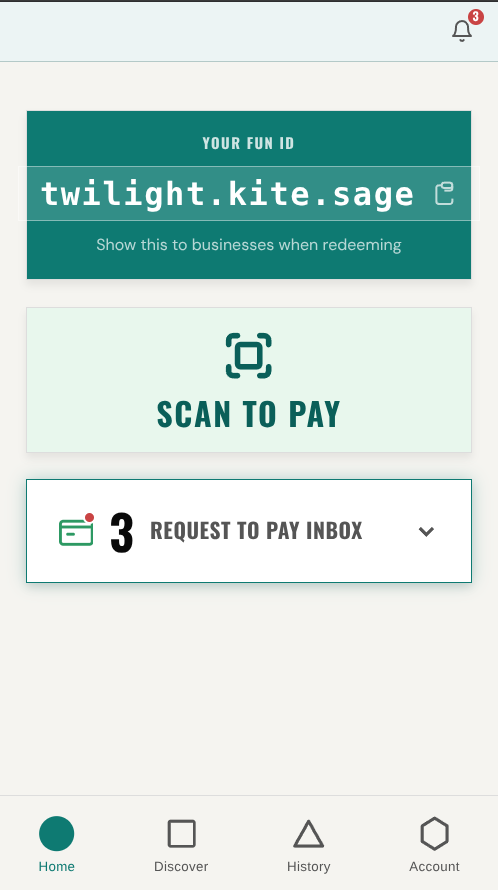 FUNDiMO customer app home screen with Scan to Pay and a Request to Pay inbox